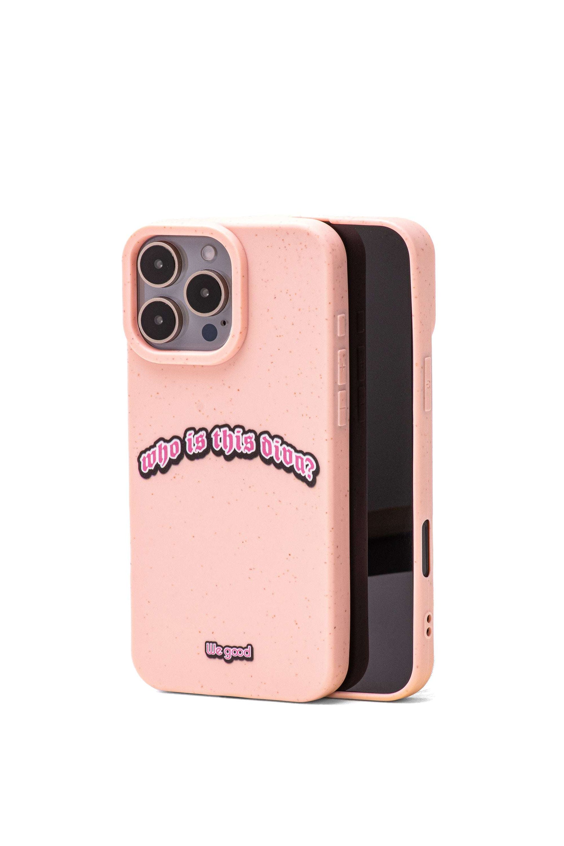 We Good Tpu iPhone case with wheat mix speckled in a flamingo pink color with a pink, white and black 'who is this diva?' gothic text print.