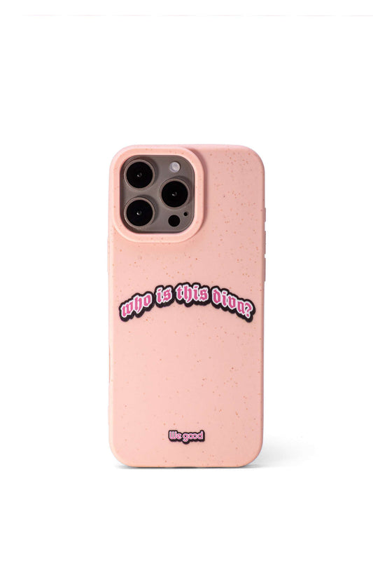 We Good Tpu iPhone case with wheat mix speckled in a flamingo pink color with a pink, white and black 'who is this diva?' gothic text print.