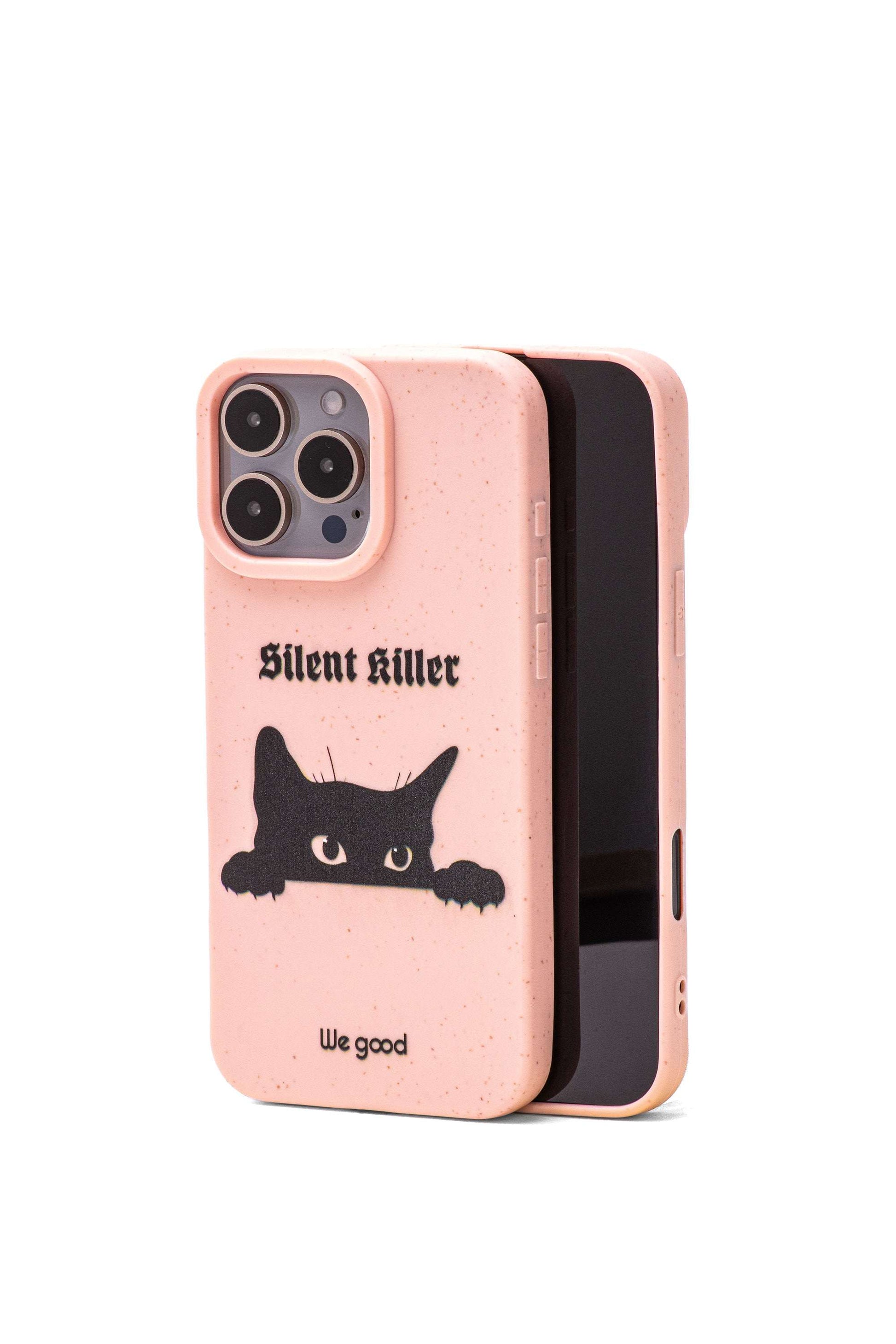 We Good Tpu iPhone case with wheat mix speckled in a flamingo pink color with a black 'silent killer' text in a gothic font and below it a black cats face creeping up and stalking. 