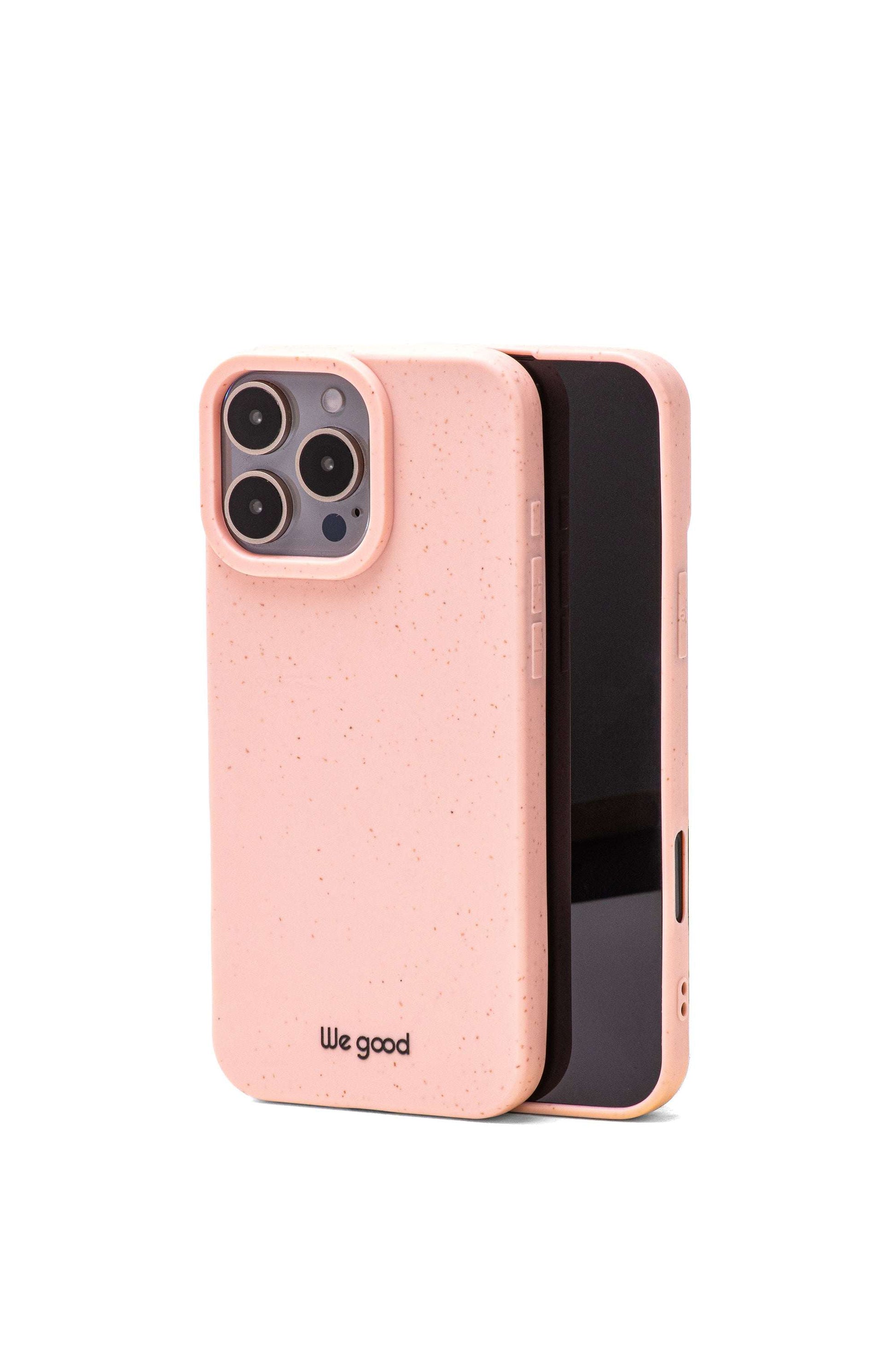 We Good Tpu iphone case with wheat mix speckled in a flamingo pink color with 'We good' small black Logo print. 