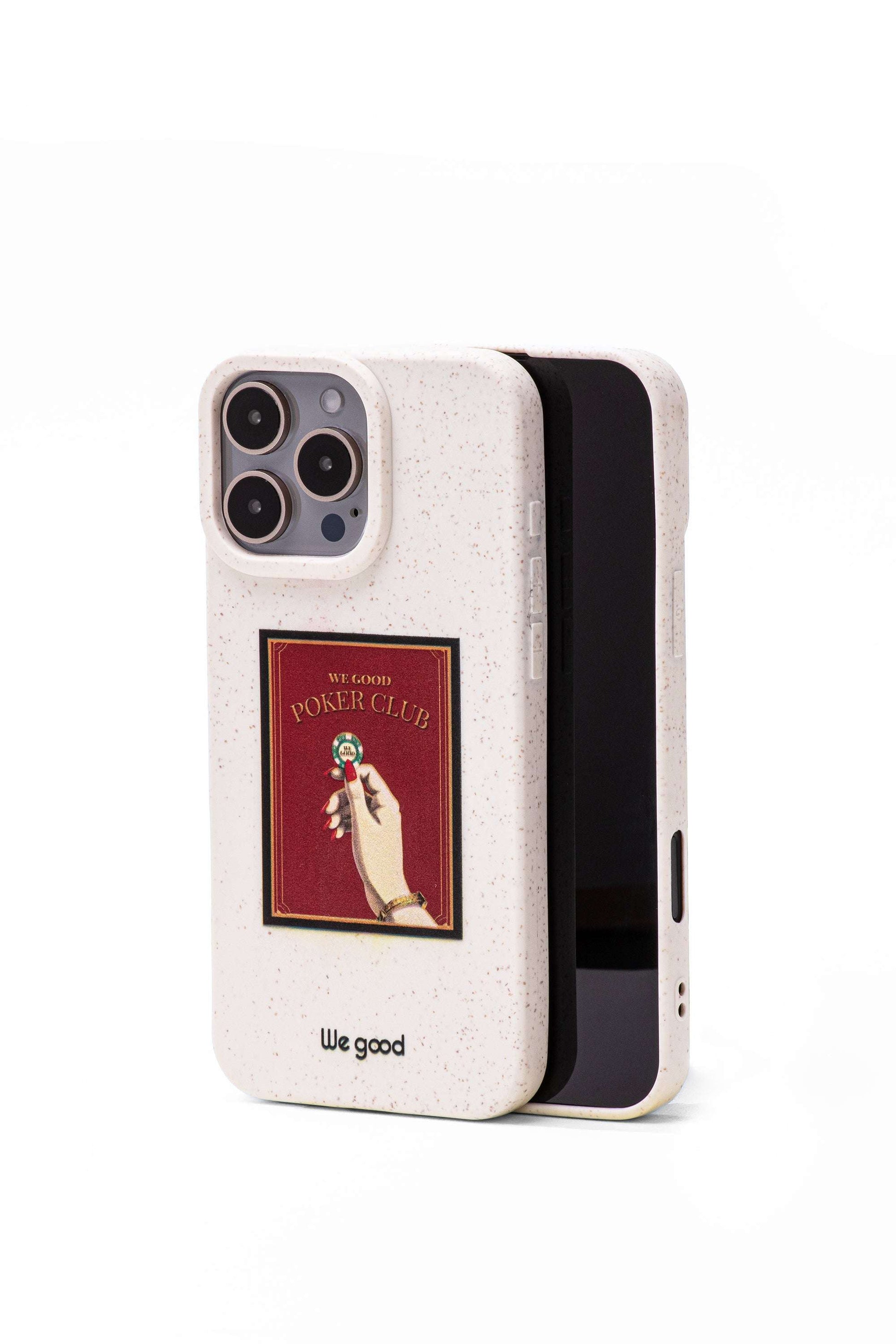 We Good Tpu iPhone case with wheat mix speckled in an off-white color with Gold 'We good poker club' text, with a woman's hand holding a poker chip inside a red square design print.