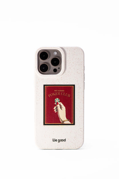 We Good Tpu iPhone case with wheat mix speckled in an off-white color with Gold 'We good poker club' text, with a woman's hand holding a poker chip inside a red square design print.
