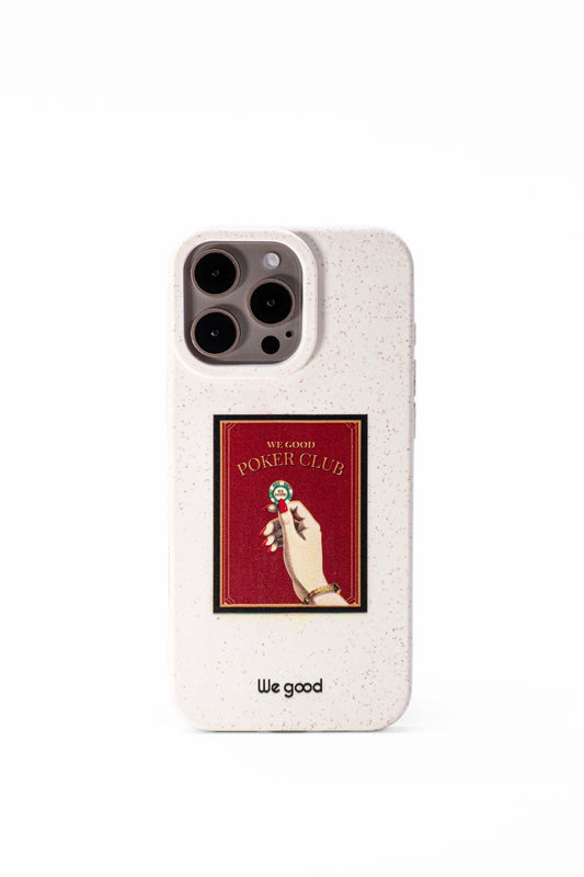 We Good Tpu iPhone case with wheat mix speckled in an off-white color with Gold 'We good poker club' text, with a woman's hand holding a poker chip inside a red square design print.