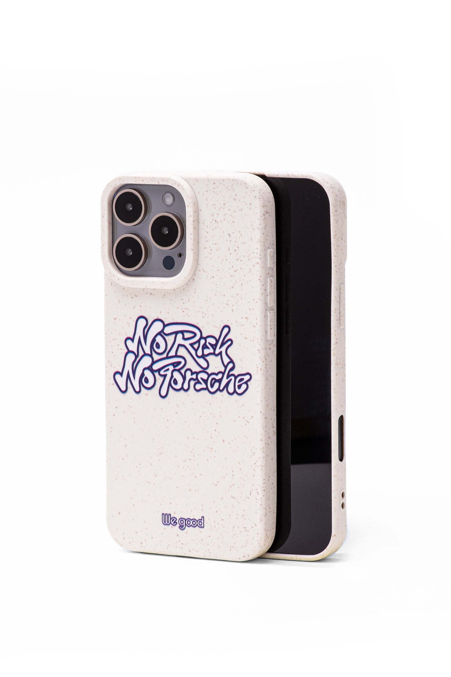 We good Tpu iPhone case with wheat mix speckled in an off-white color with blue "No Risk No Porsche" bubble text print.