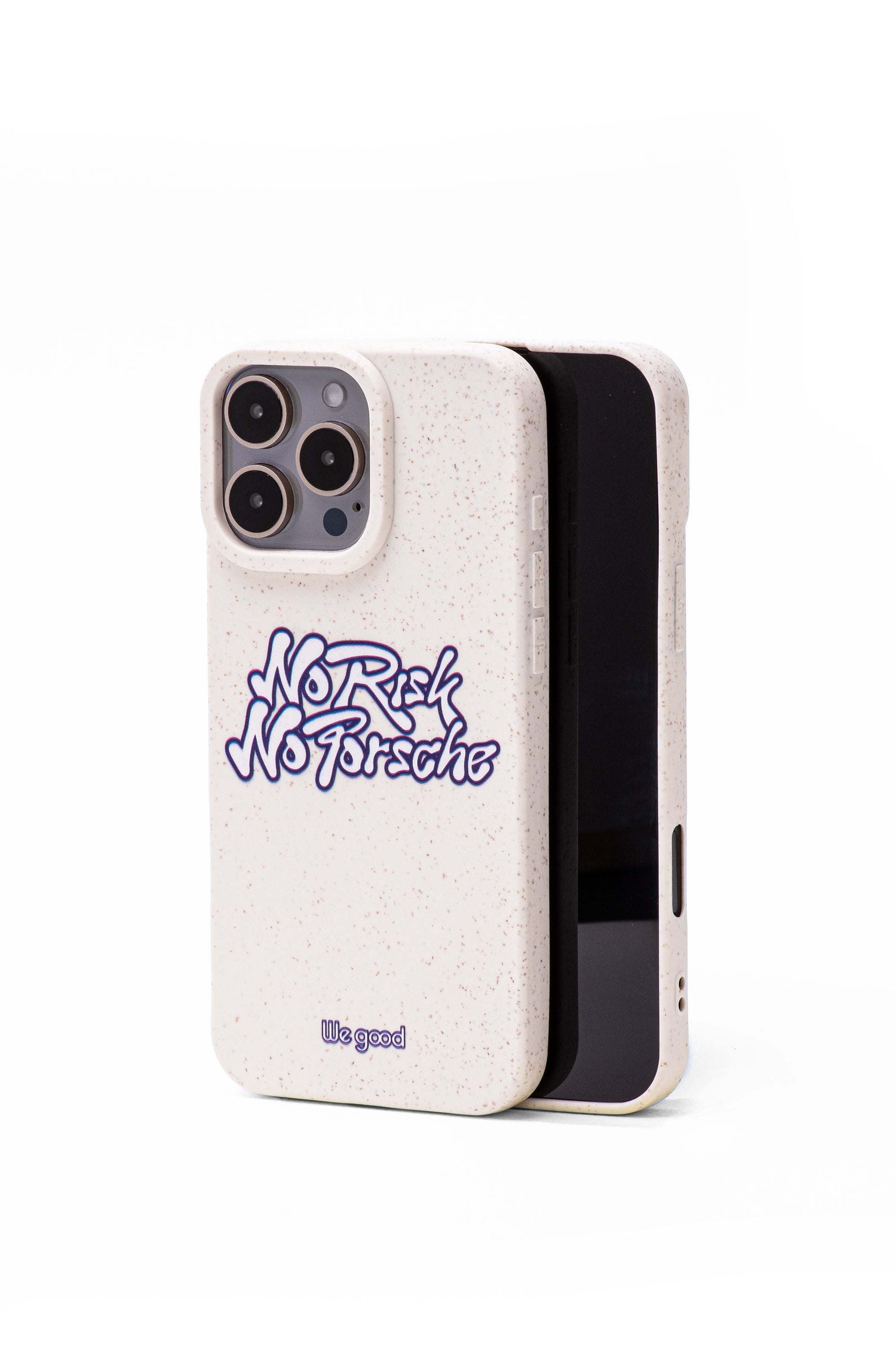 We good Tpu iPhone case with wheat mix speckled in an off-white color with blue "No Risk No Porsche" bubble text print.