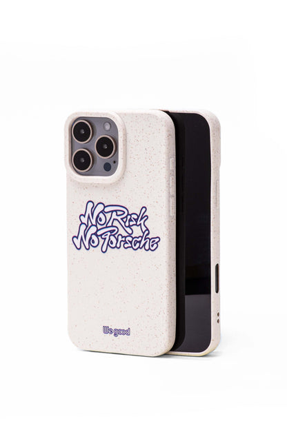We good Tpu iPhone case with wheat mix speckled in an off-white color with blue "No Risk No Porsche" bubble text print.