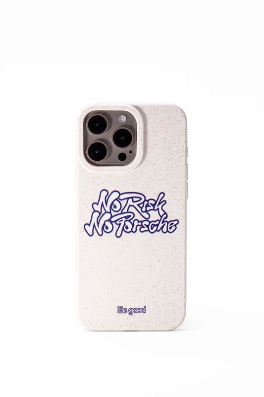 We good Tpu iPhone case with wheat mix speckled in an off-white color with blue "No Risk No Porsche" bubble text print.