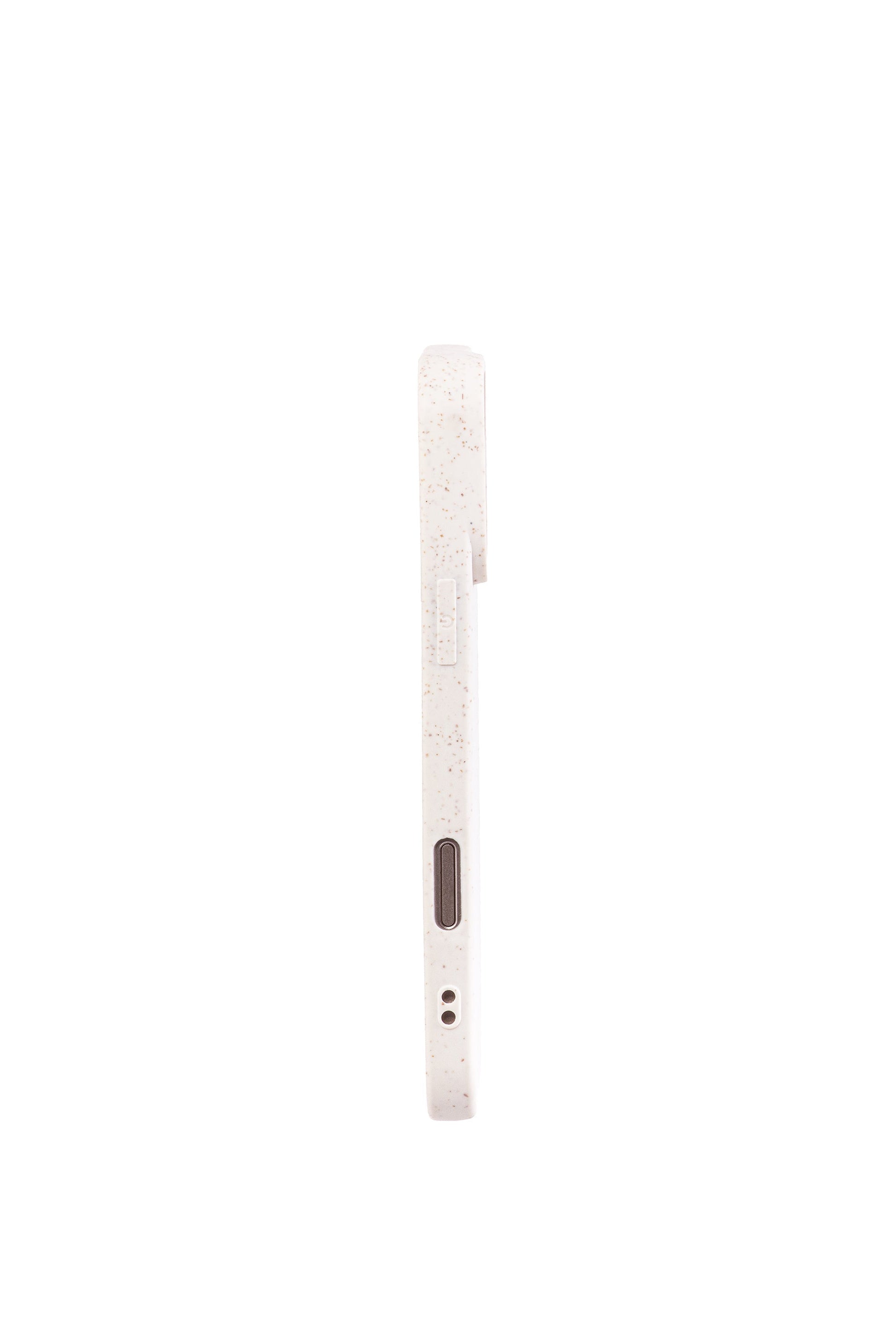 Side view of a We good Tpu iPhone case with wheat mix speckled in an off-white color.