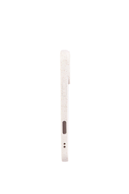Side view of a We good Tpu iPhone case with wheat mix speckled in an off-white color.