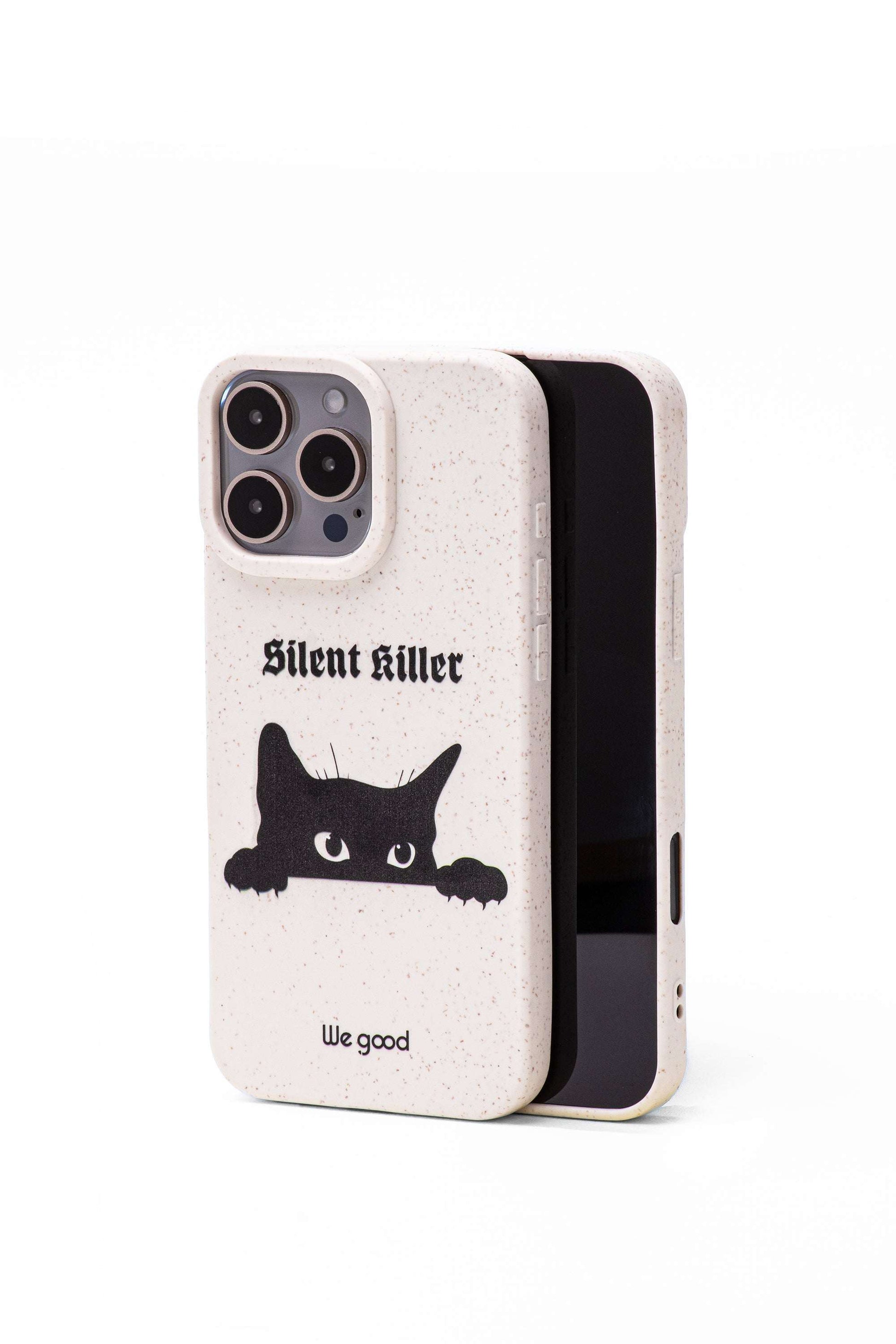 We good Tpu iPhone case with wheat mix speckled in an off-white color with black 'silent killer' text in a gothic font and below it a black cat s face creeping up and stalking.