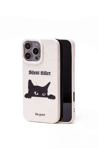 We good Tpu iPhone case with wheat mix speckled in an off-white color with black 'silent killer' text in a gothic font and below it a black cat s face creeping up and stalking.