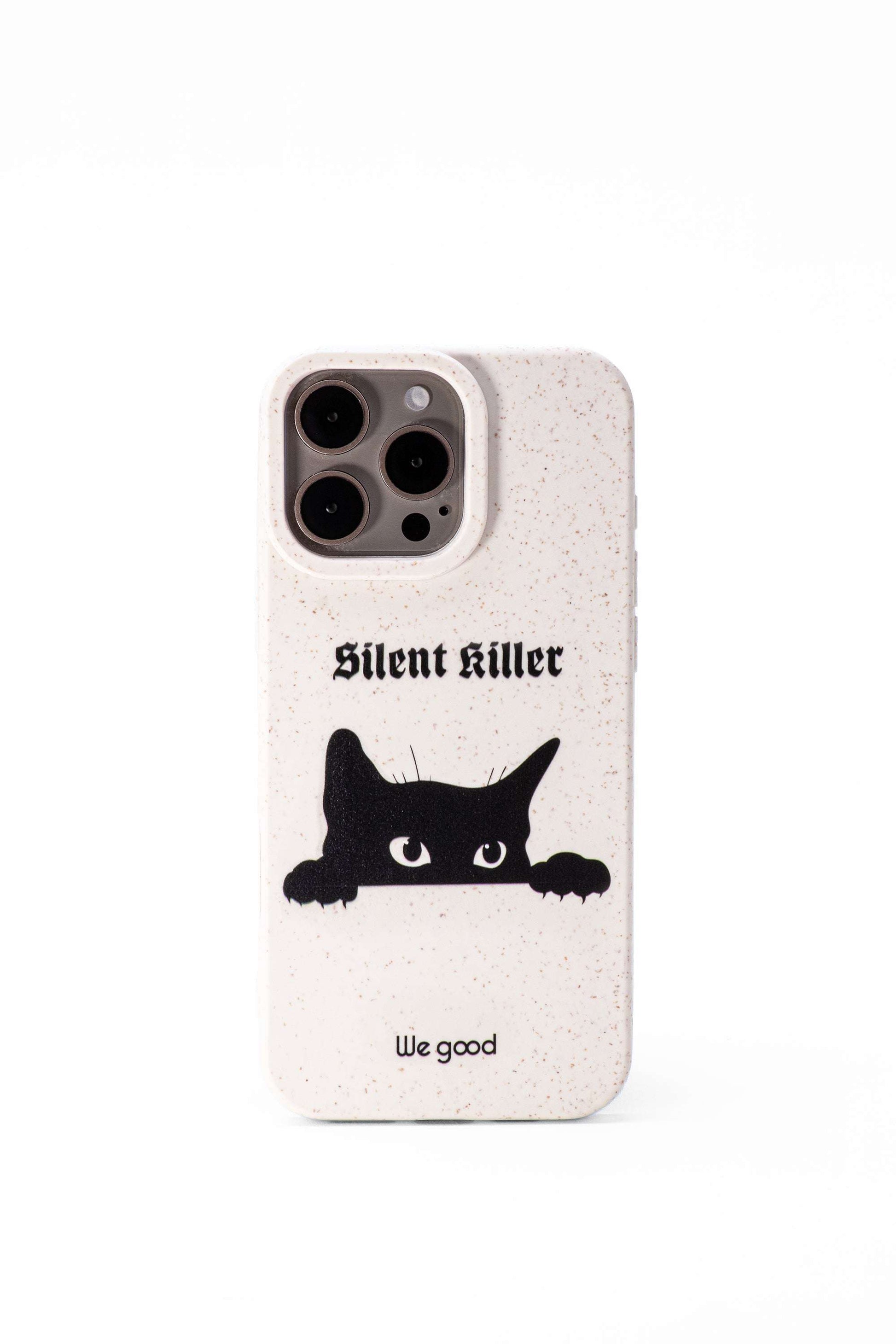 We good Tpu iPhone case with wheat mix speckled in an off-white color with black 'silent killer' text in a gothic font and below it a black cat s face creeping up and stalking. 