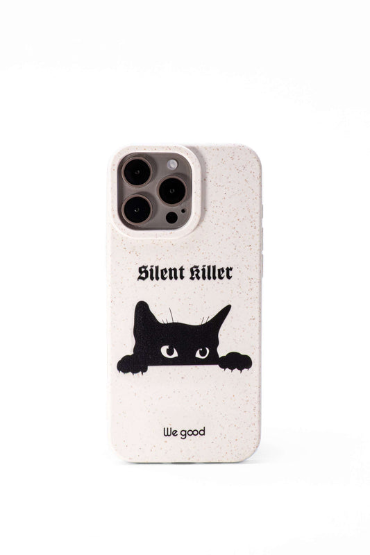 We good Tpu iPhone case with wheat mix speckled in an off-white color with black 'silent killer' text in a gothic font and below it a black cat s face creeping up and stalking. 