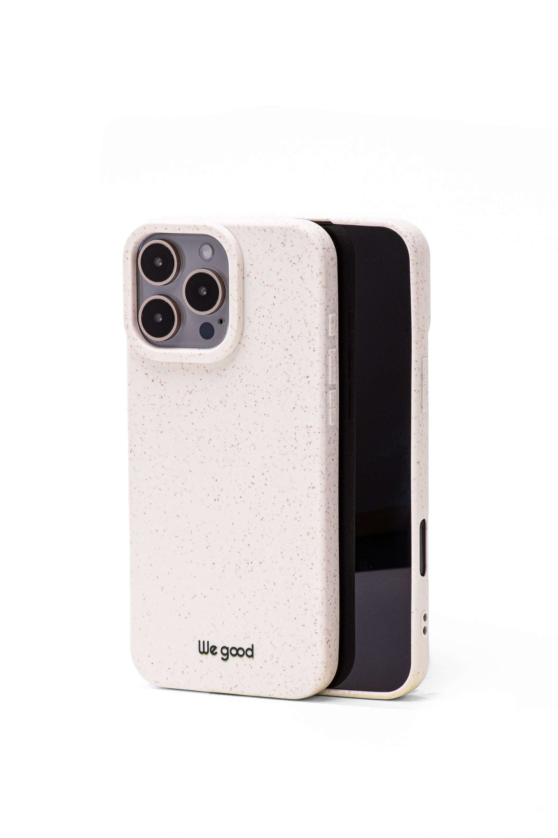 Tpu iPhone case with wheat mix speckled in an off-white color with 'We good' small black Logo print. 