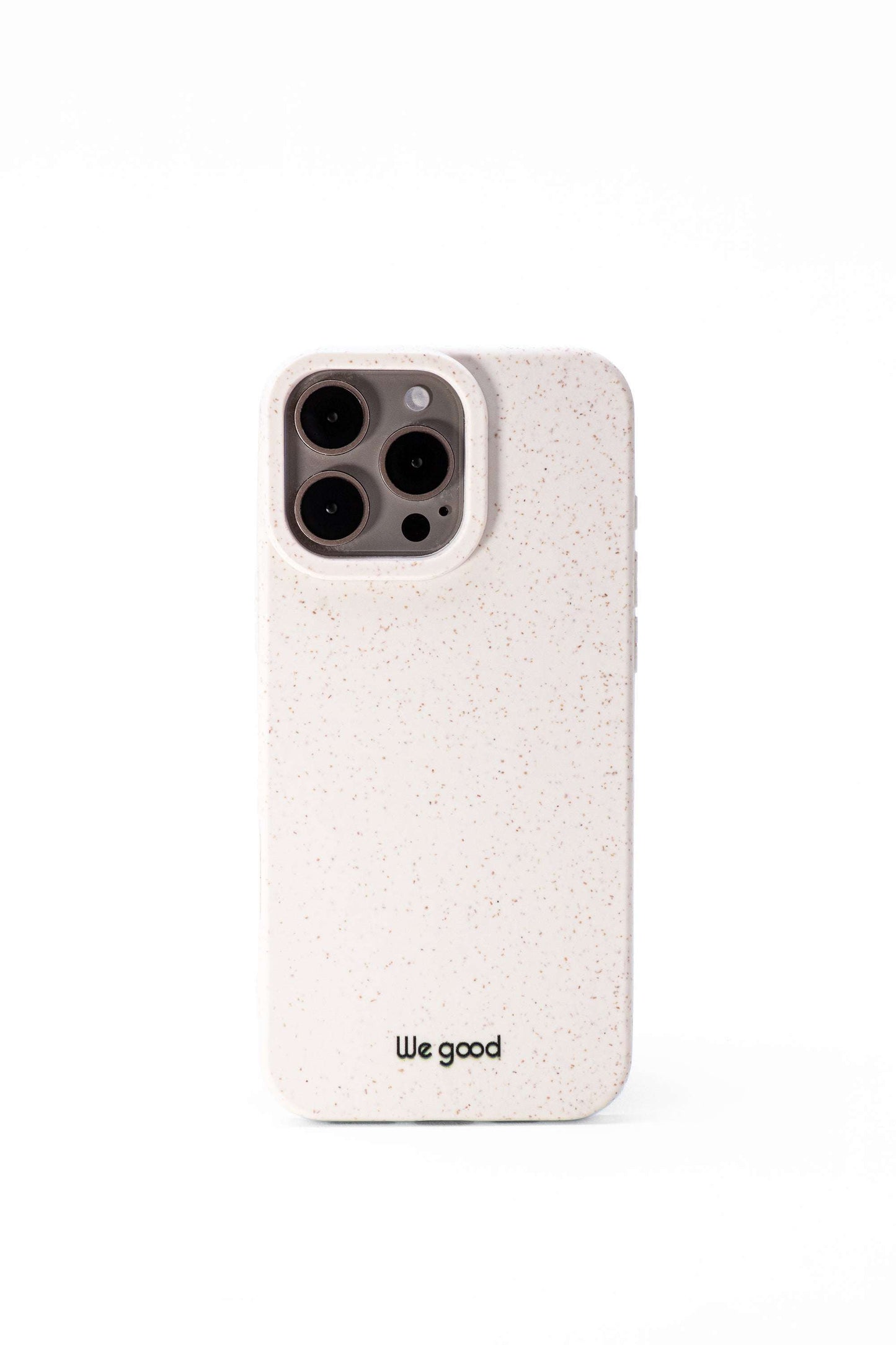 Tpu iPhone case with wheat mix speckled in an off-white color with 'We good' small black Logo print. 