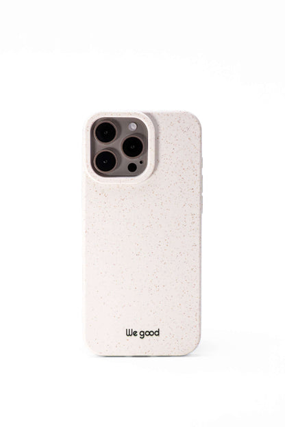 Tpu iPhone case with wheat mix speckled in an off-white color with 'We good' small black Logo print. 