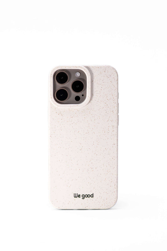 Tpu iPhone case with wheat mix speckled in an off-white color with 'We good' small black Logo print. 