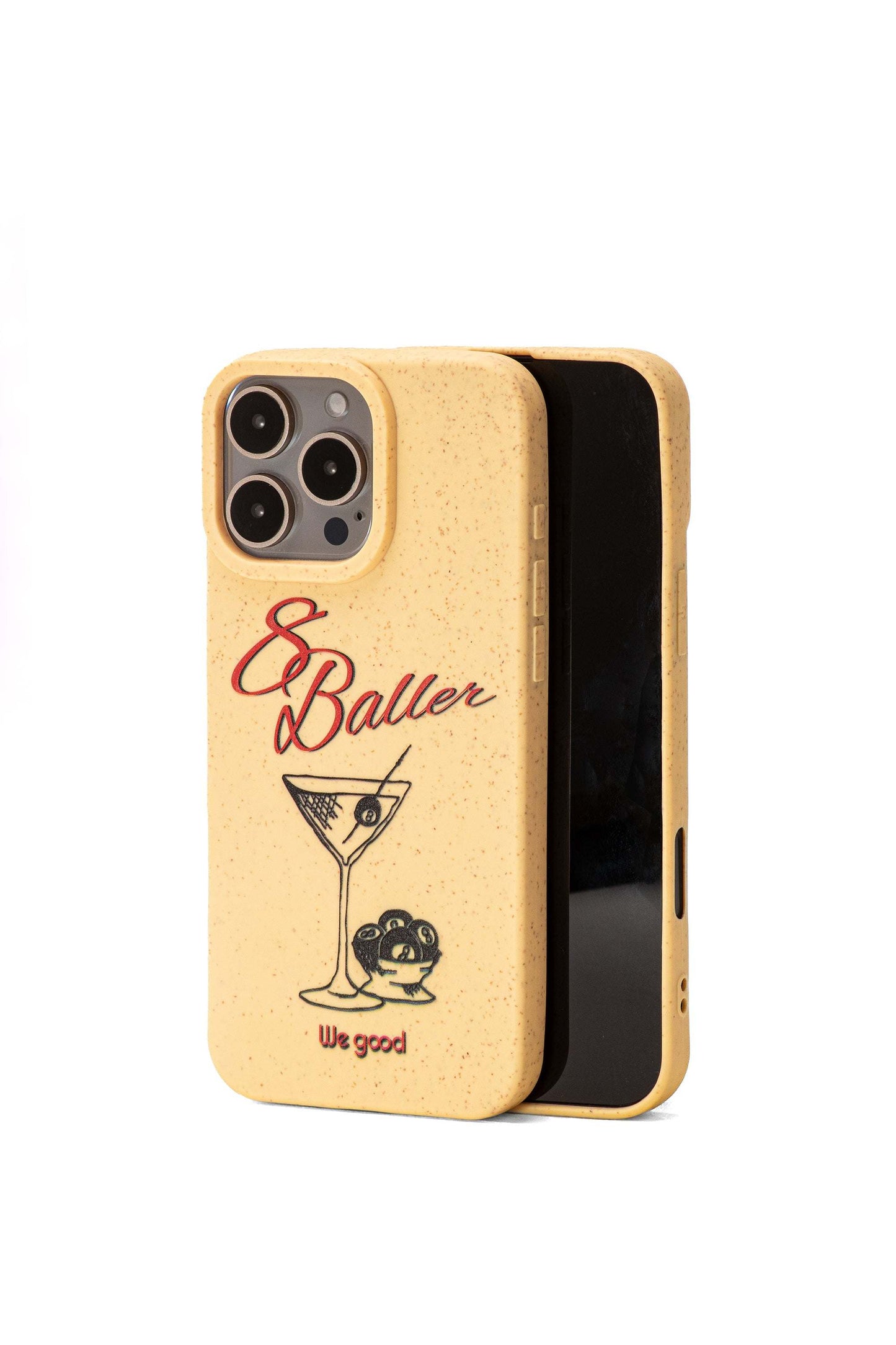 We Good Tpu iPhone case with wheat mix speckled in a canary yellow color with '8 baller' red script text print and a black print martini glass with pool 8 balls.