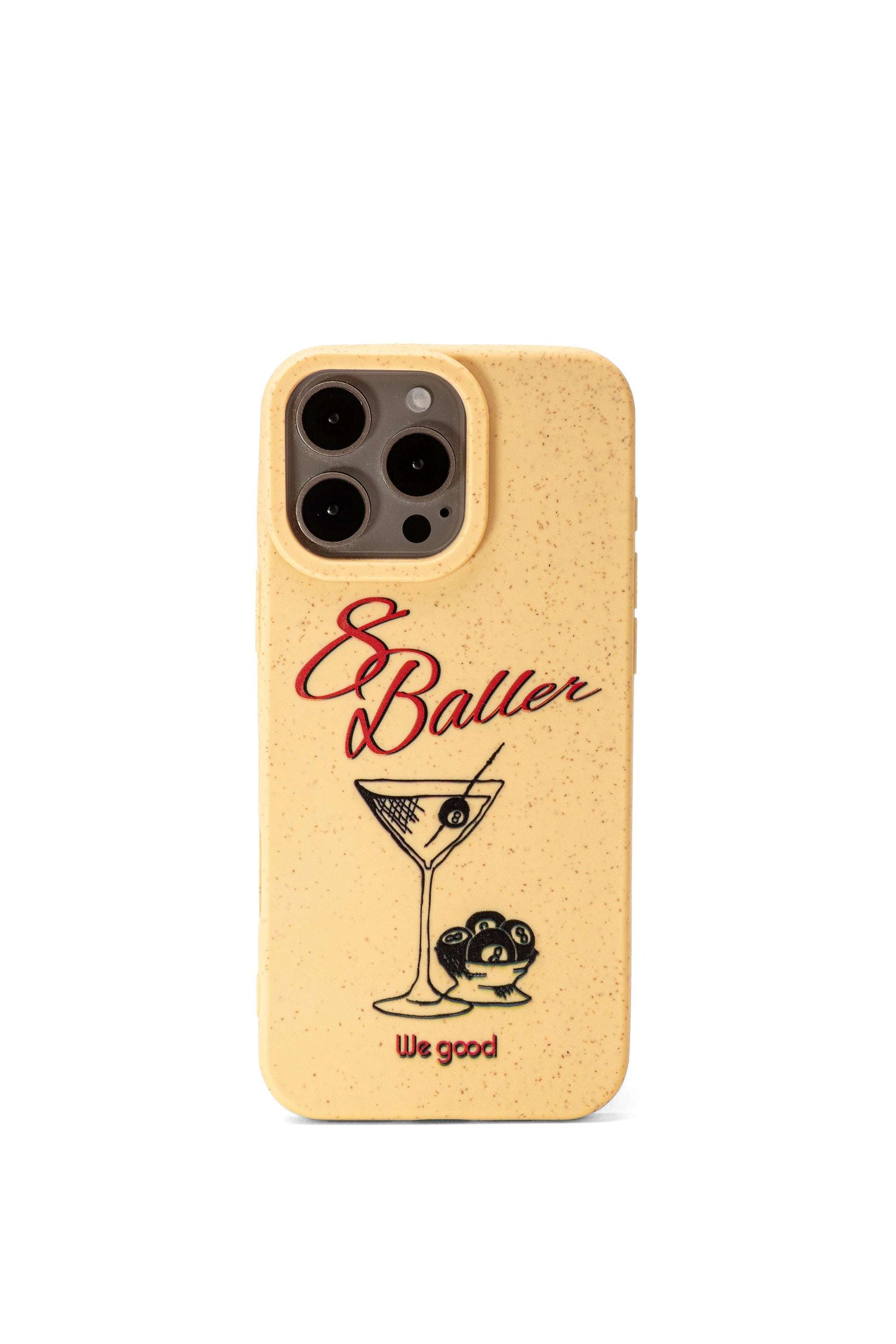 We Good Tpu iPhone case with wheat mix speckled in a canary yellow color with '8 baller' red script text print and a black print martini glass with pool 8 balls. 