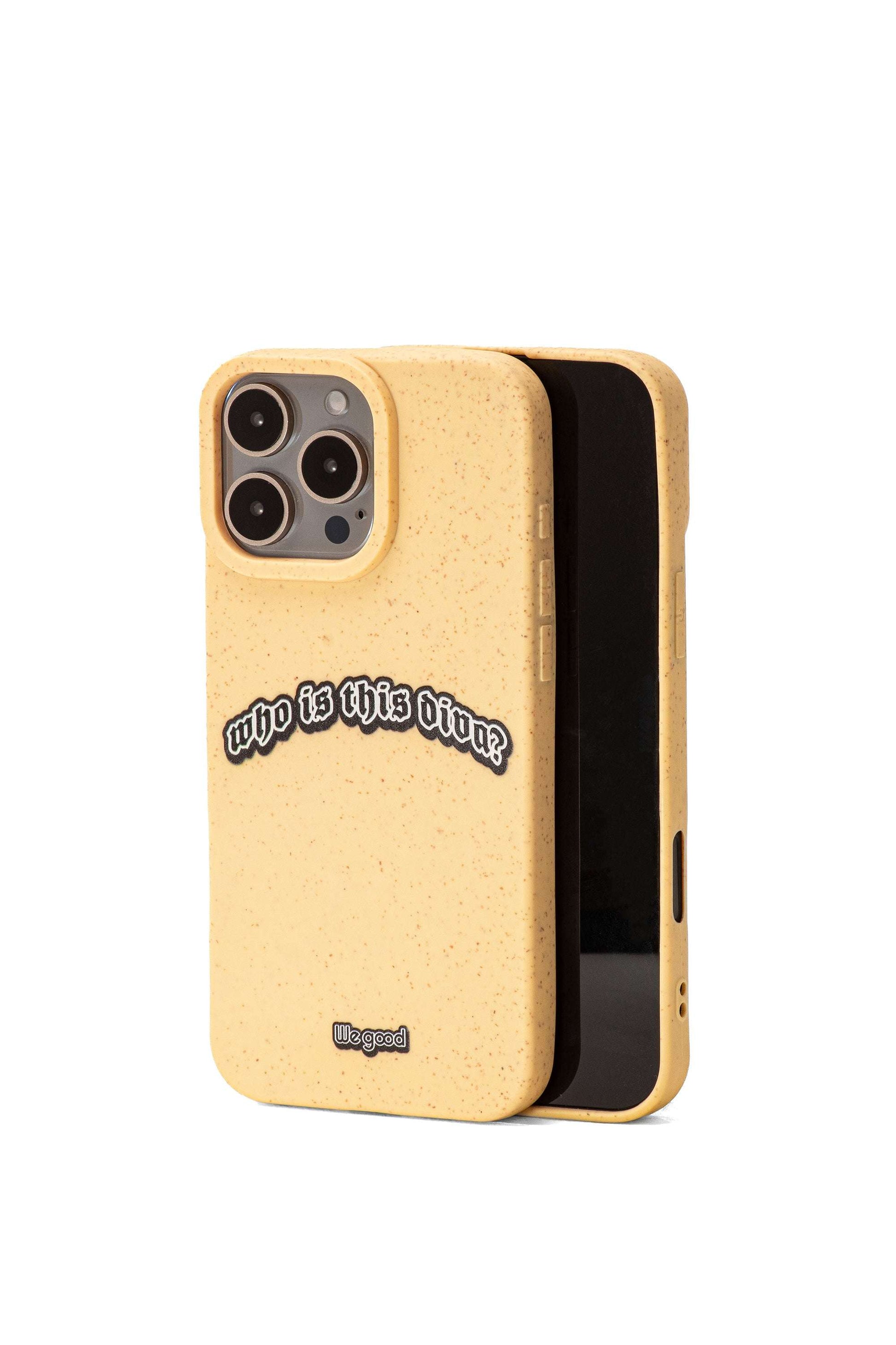 We Good Tpu iPhone case with wheat mix speckled in a canary yellow color with a white and black 'who is this diva?' gothic text print.
