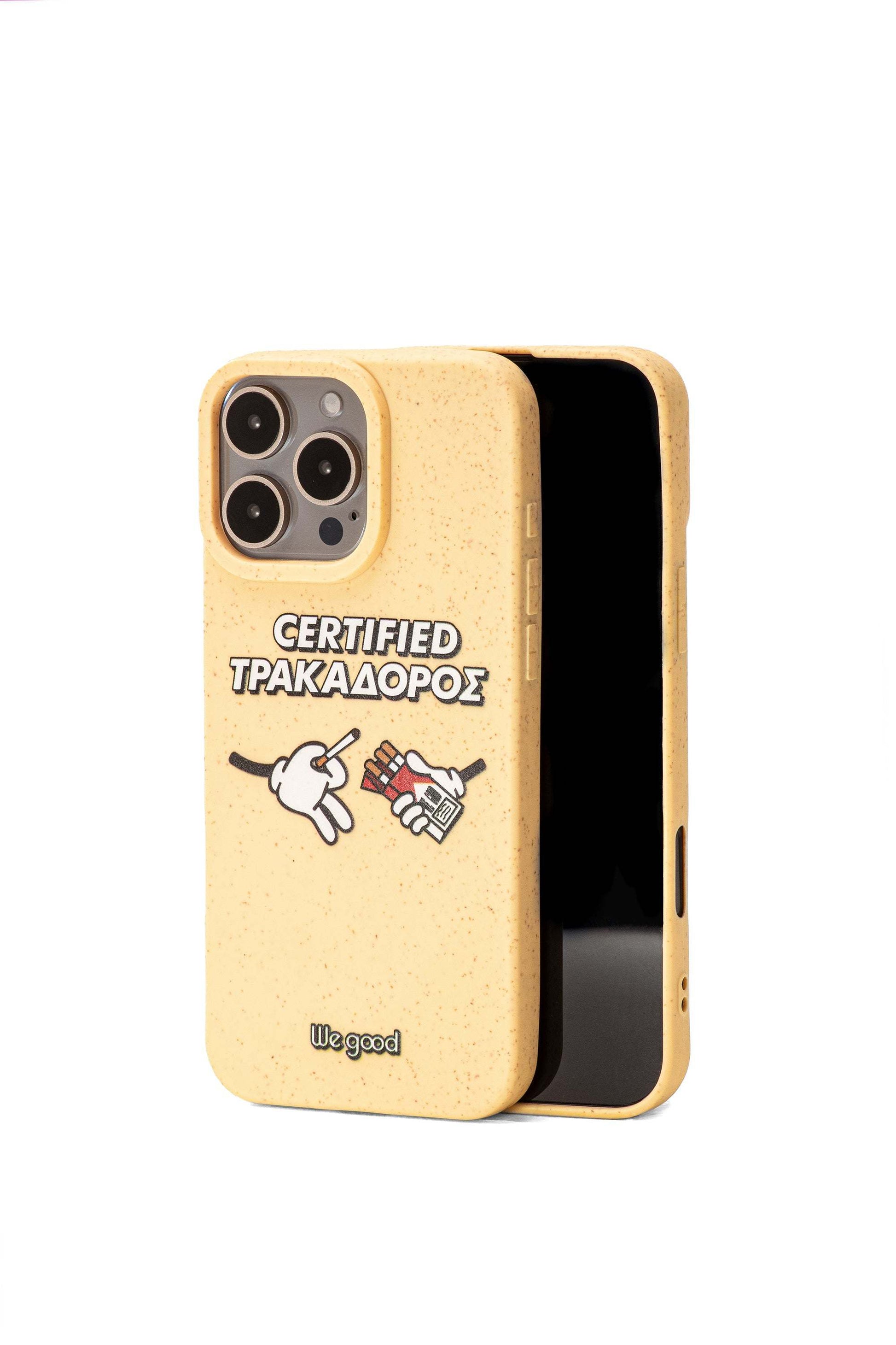 We Good Tpu iPhone case with wheat mix speckled in a canary yellow color with 'certified trakadoros' white and black bold text print and below it two cartoon hands with white gloves with one holding a red pack of cigarettes and the other hand taking one from the pack.