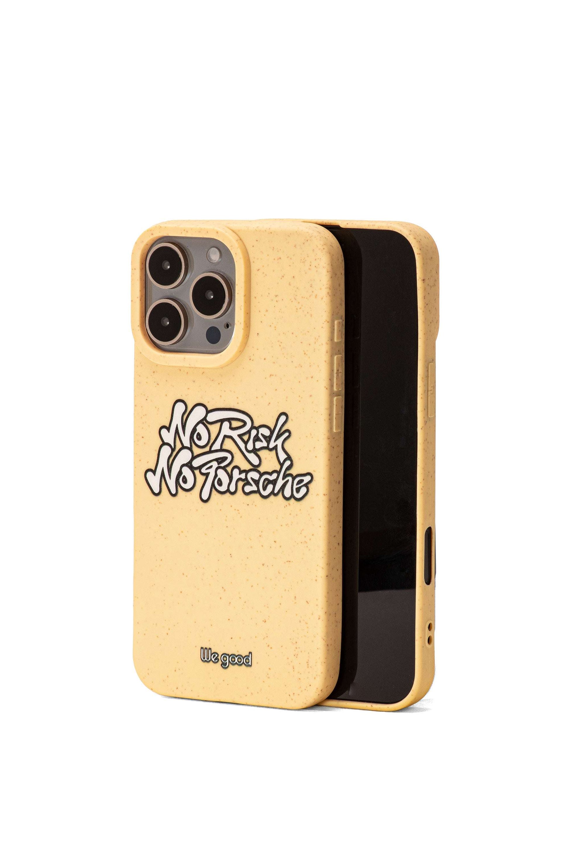 We Good Tpu iPhone case with wheat mix speckled in a canary yellow color with black "No Risk No Porsche" bubble text print.