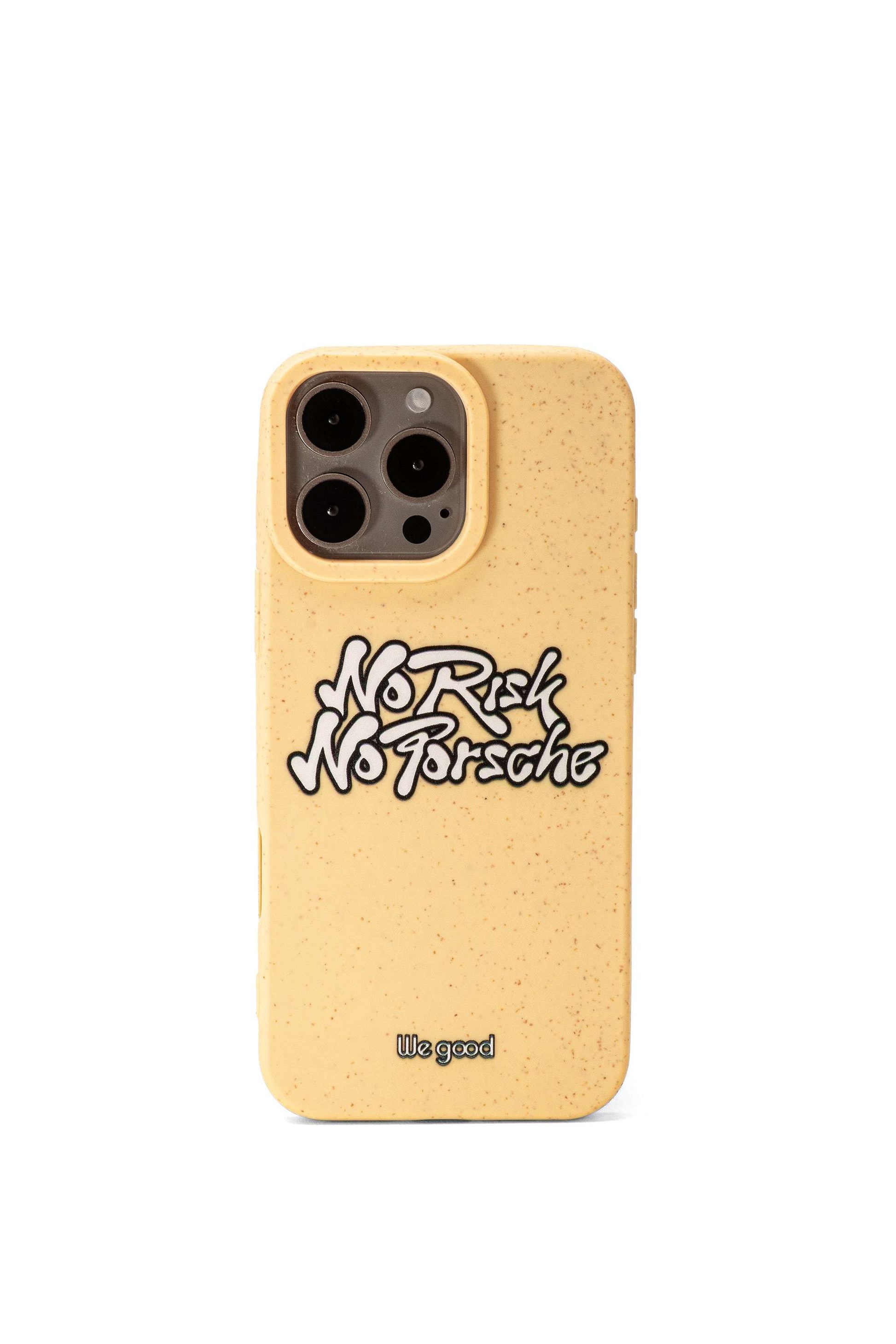 We Good Tpu iPhone case with wheat mix speckled in a canary yellow color with black "No Risk No Porsche" bubble text print.